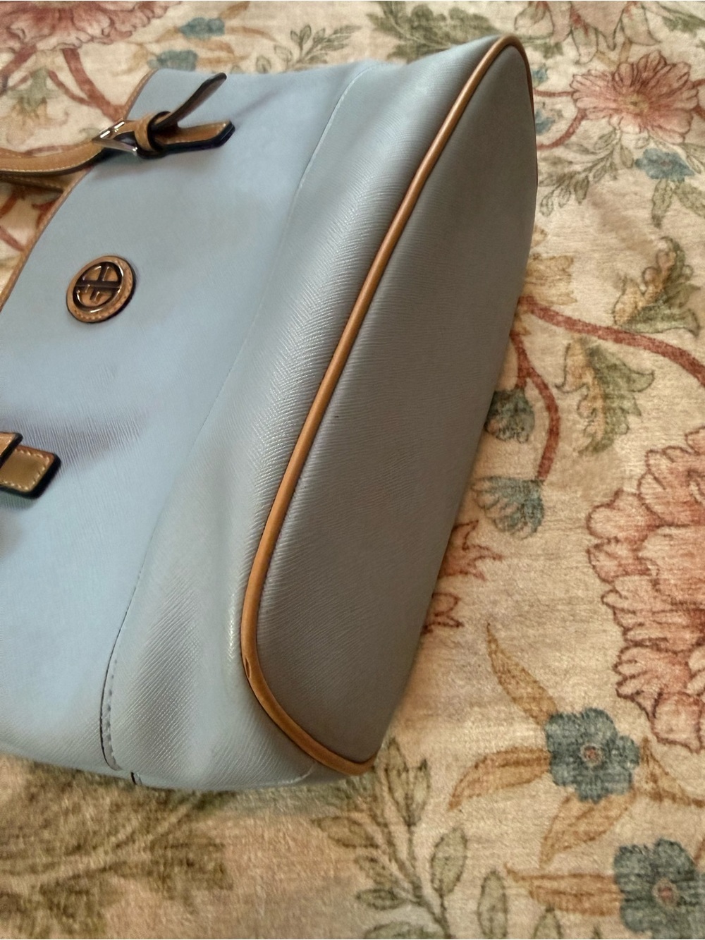 Light Blue and Tan Shoulder Tote with Circle Logo Accent - Picture 3 of 11